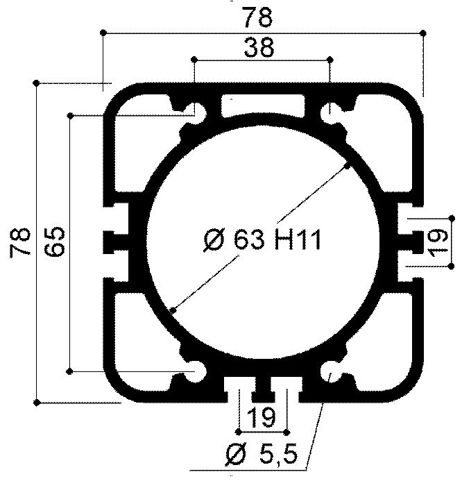 Perfil de aluminio para cilindros neumáticos compactos con un diámetro interior de 63 mm.