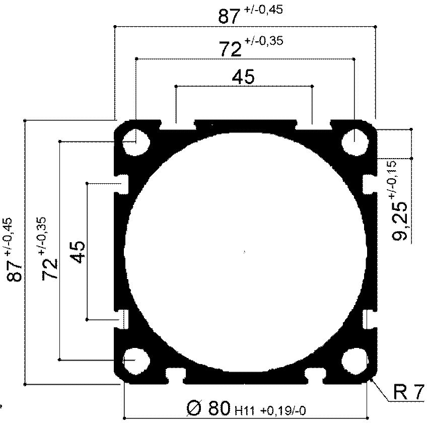 tubo in alluminio per cilindri pneumatici quadrati diametro 80mm